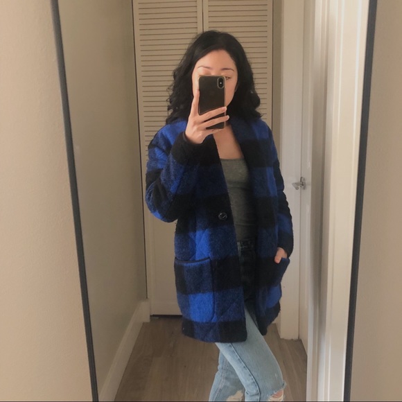 ARITZIA Wilfred Cecile WOOL Plaid Quilted Coat Black/Blue XS - Picture 2 of 11